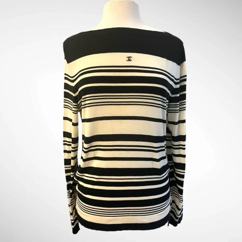 Chanel Classic VTG Black Ivory Stripe COTTON Sweater Size EU 44